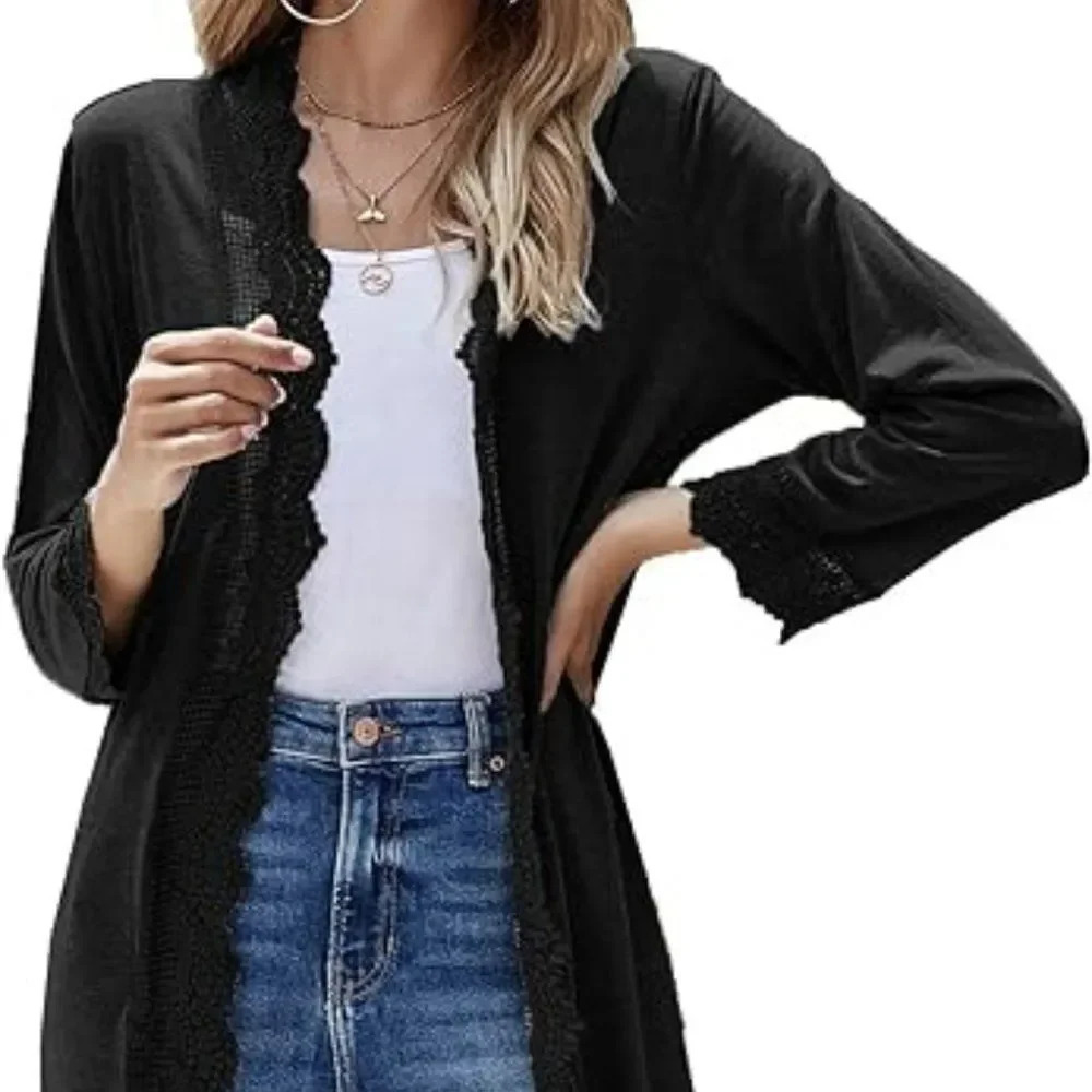 Women's Cardigan 3/4 Sleeve  Open Front Lace‎ Wrap Long Duster Cardigan